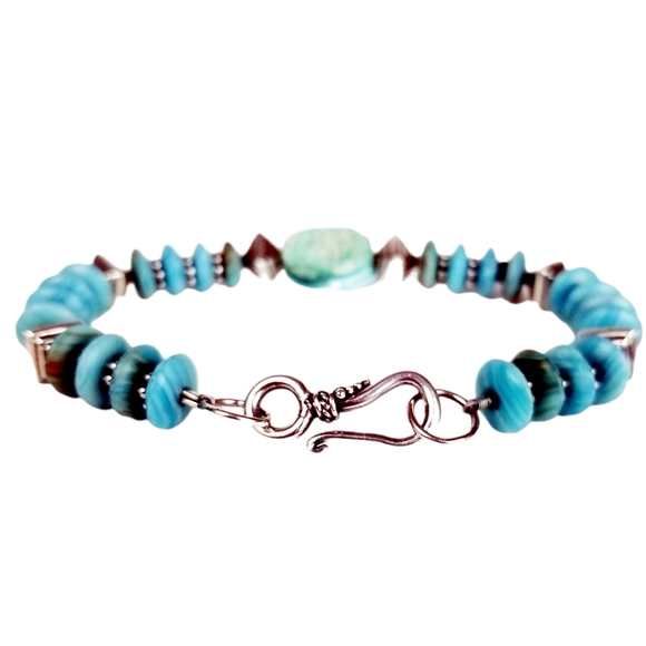 Artisan Turquoise Magnesite Disk & Scarab & Sterling Silver Bracelet - Picture 6 of 6